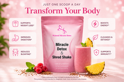 Waisted Miracle Detox & Shred Shake is a 30-serving daily superfood blend designed to help reduce bloating, support digestion, and kickstart your metabolism—so you can feel lighter, flatter, and more in control of your body.