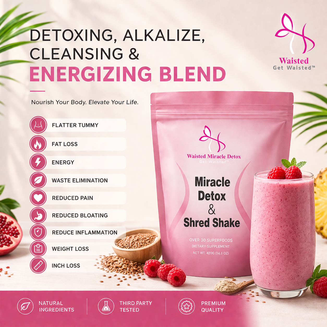 Waisted Miracle Detox & Shred Shake is a 30-serving daily superfood blend designed to help reduce bloating, support digestion, and kickstart your metabolism—so you can feel lighter, flatter, and more in control of your body.