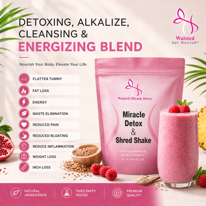 Waisted Miracle Detox & Shred Shake is a 30-serving daily superfood blend designed to help reduce bloating, support digestion, and kickstart your metabolism—so you can feel lighter, flatter, and more in control of your body.