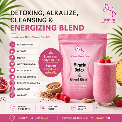 Waisted Miracle Detox & Shred Shake is a 30-serving daily superfood blend designed to help reduce bloating, support digestion, and kickstart your metabolism—so you can feel lighter, flatter, and more in control of your body.