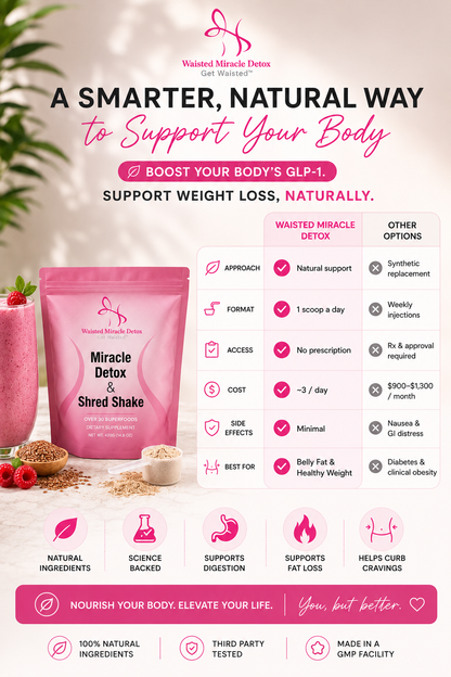 Waisted Miracle Detox & Shred Shake is a 30-serving daily superfood blend designed to help reduce bloating, support digestion, and kickstart your metabolism—so you can feel lighter, flatter, and more in control of your body.